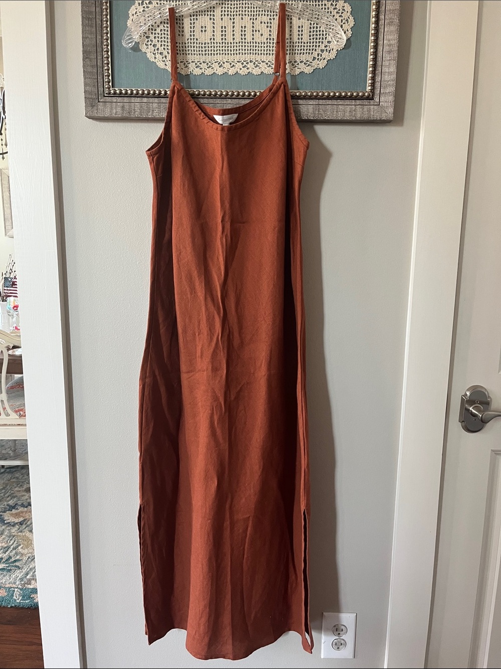 Garnet Hill Rust Spaghetti-Strap Linen Maxi Dress